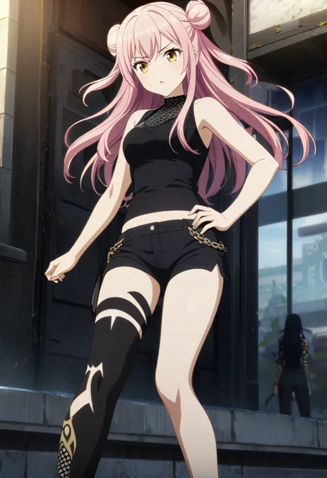 1girl, long hair, pink hair, golden eyes, 2side buns, black-top, blue waistcoast, short pants, black straps on left leg, CG, screenshot, demigod