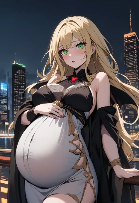 Ancient vampire pregnant girl with blonde hair and green eyes in elegant erotic clothes melancholically looks at the night modern city 