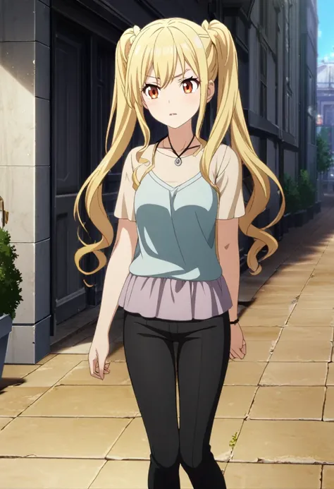 1girl, long hair, blonde hair, orange eyes, 2side buns, 2pigtails, demigod, casual clothes, CG, screenshot