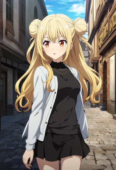 1girl, long hair, blonde hair, orange eyes, 2side buns, 2pigtails, demigod, casual clothes, CG, screenshot