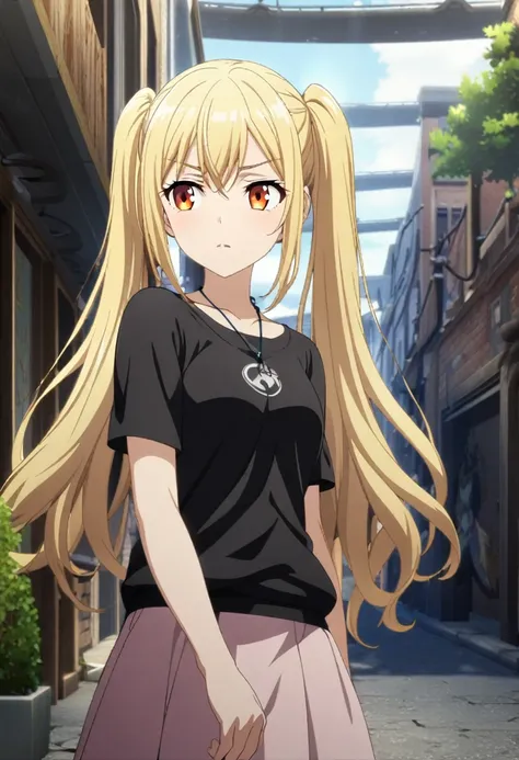 1girl, long hair, blonde hair, orange eyes, 2side buns, 2pigtails, demigod, casual clothes, CG, screenshot