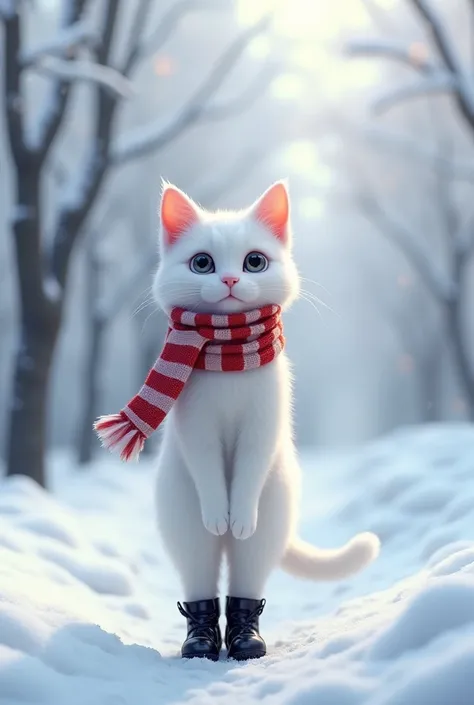 Sapporo Snow Park, Looking curiously at the camera, Fluffy white body, Slender,Round black eyes, White cat standing on two legs, Red and white striped mafura,Black Boots, Tilt your head, (Best Quality,4K,8k,High resolution,masterpiece:1.2),Super detailed,(...