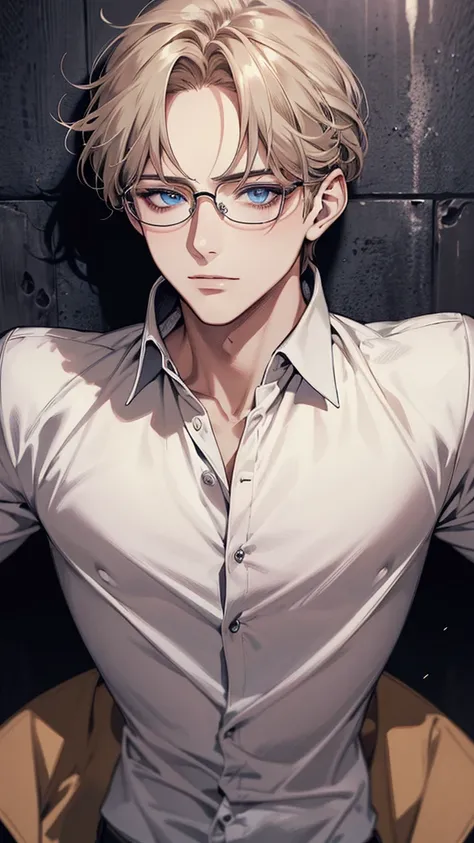 masterpiece, Highest quality, 1 male, Brunette Hair, blue eyes, Glasses, White shirt, Mugshot, Wall Background, Detailed eyes, Detailed facial features, リアルでHigh resolution (Highest quality, 4K, 8k, High resolution, masterpiece:1.2)