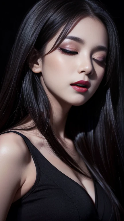 Best Quality、masterpiece、8k、Award-winning works、Hyperrealism、Vampire Princess、、Photographing faces with beautiful composition、The most detailed and beautiful face、Cold look、look at me、Long eyelashes、Creepy Makeup、Black Lipstick、Purple Eyeshadow、Beautiful g...