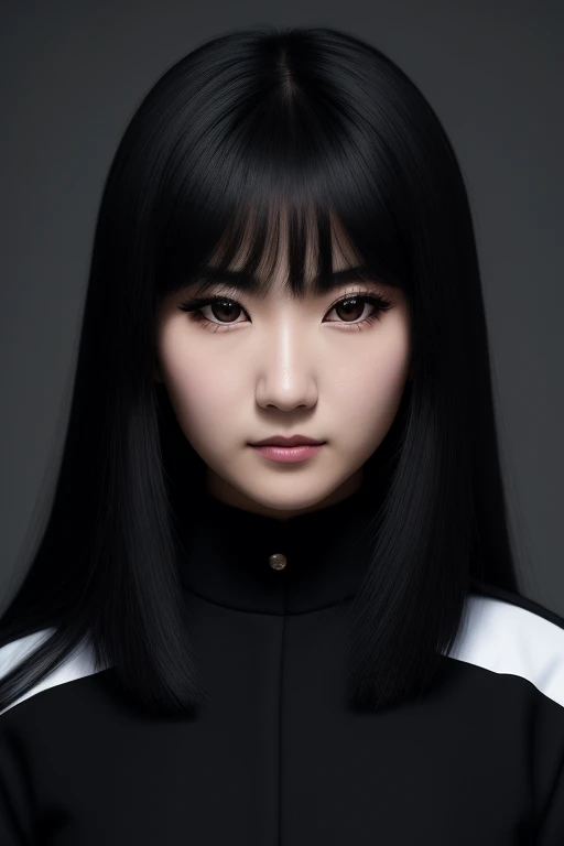 jet black hair,very long hair,thick hair,most very voluminous hair,very heavy-weight hair,shiny jet black hair,female jail officer,black uniform,black pants,1 Japanese woman,most very mocking face,idol singer Watanabe-Mayus face,most very close-up to face,...