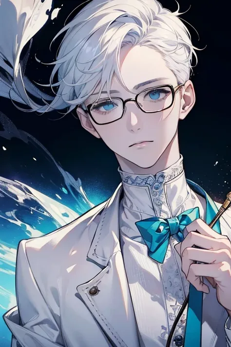 ((Masterpiece, Highest Quality)), Detailed Face, male, white sweater, turquoise eyes, (((Top Quality))), Short hair, Shaved whiskey,Spits, white colored hair, Stylish glasses