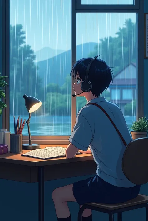 Make a anime school boy sitting at study table,raining outside, boy wearing headset more photos 