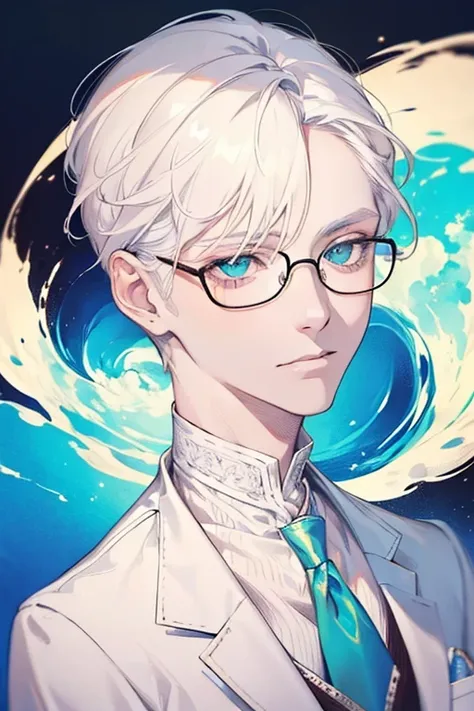 ((Masterpiece, Highest Quality)), Detailed Face, male, white sweater, turquoise eyes, (((Top Quality))), Short hair, Shaved whiskey,Spits, white colored hair, Stylish glasses