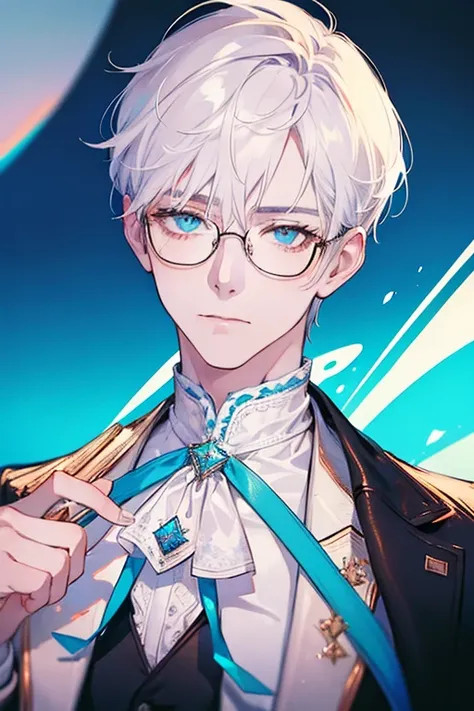 ((Masterpiece, Highest Quality)), Detailed Face, male, white sweater, turquoise eyes, (((Top Quality))), Short hair, Shaved whiskey,Spits, white colored hair, Stylish glasses