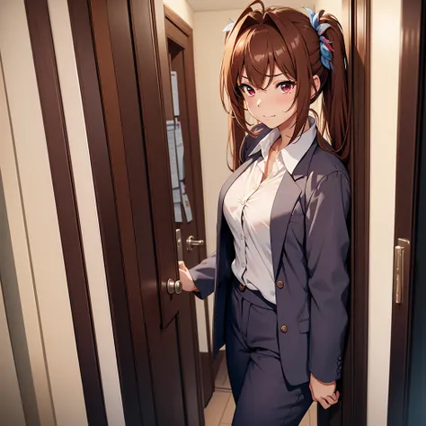 (​masterpiece、top-quality、hight resolution、Unity 8k、extremely details CG:1,Best Picture), (solo, 1girl),Daiwa Scarlet (Uma Musume), ((tiara)), brown hair, hair intake, red eyes, long hair, twintails, animal ears, horse girl, A weary office lady enters a di...