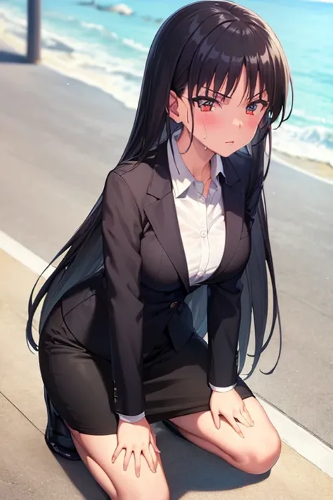 (best quality:1.4), (masterpiece:1.4), 1girl, suzune horikita, suit, office lady, black skirt, black blazer, pencil skirt, white shirt, collared shirt, long hair, teenager, looking at viewer, full body, beach background, sea, sand, sweat drop, sweat beads,