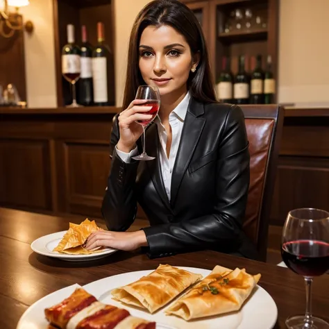 Woman in a business suit made of phyllo leather sits and drinks wine from a glass.., Pieces of shashlik on a plate