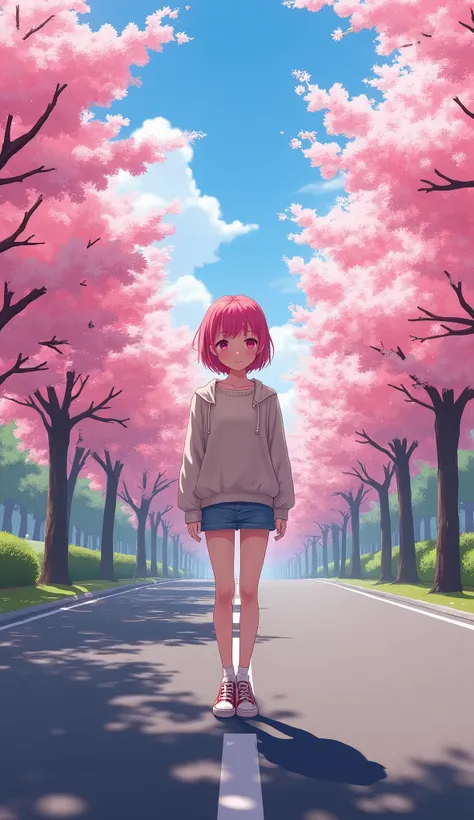 masterpiece, best quality, ultra-detailed, illustration, wide angle, 1girl stand in the middle of road, solo, road in the middle and pink cherry trees on roadside, full body, 20 yo, pink hair, sweater, short skirt, fashion,, composition, balance, harmony, ...