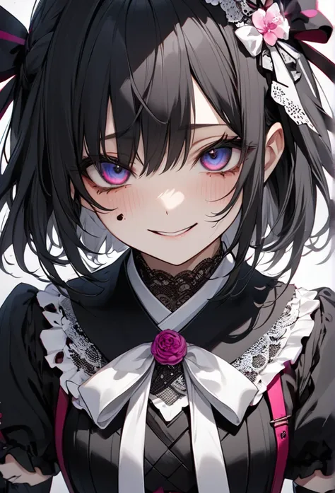 Upper body close-up（((masterpiece), on)"Perfect face, short black hair, beautiful eyes, Japanese, clean facial features, she smiles at the camera with hollow eyes, exuding a slightly anxious and yandere-like aura. A faint shadow under her eyes hints at fra...