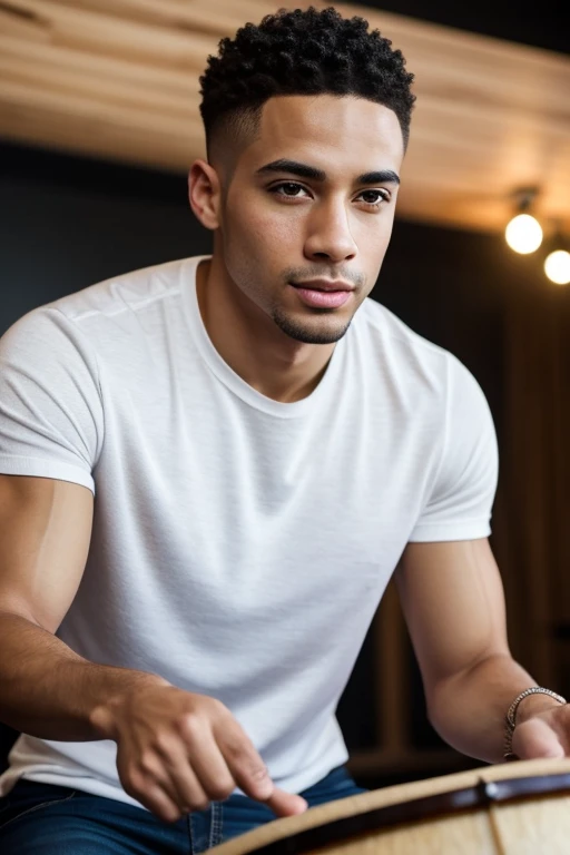 handsome male light skin mixed race with short hair, 2 wearing a casual clothes, playing a drums highlights with Men Wedding Ring detailed, innocent face, natural hair, hazel eyes, Handsome 1 people, 1 people handsome, Casual clothes, A hyper-realistic, Pr...