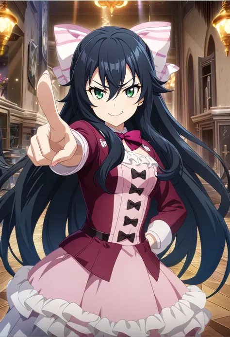 A girl with dark blue hair, hair between eyes, long hair, dark green eyes, mischievous smile, mischievous attitude, mischievous expression, smug expression, with a bow in her hand pointing forward, although she has bad aim, CG, screenshot