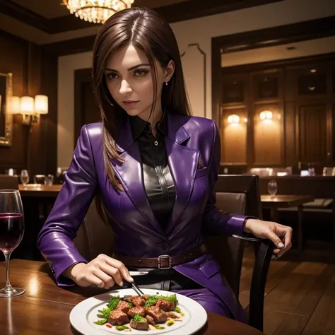 Woman in purple leather business suit sitting and drinking wine from glass.., Pieces of shashlik on a plate