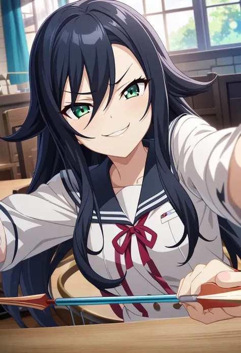 A girl with dark blue hair, hair between eyes, long hair, dark green eyes, mischievous smile, mischievous attitude, mischievous expression, smug expression, with a bow and arrows in her hands, female school uniform, CG, screenshot