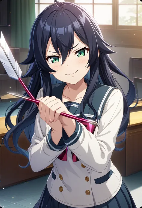 A girl with dark blue hair, hair between eyes, long hair, dark green eyes, mischievous smile, mischievous attitude, mischievous expression, smug expression, with a bow and arrows in her hands, female school uniform, CG, screenshot