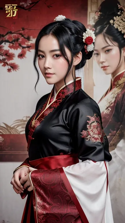 1 girl, woman, handsome, ink, Chinese armor, ((2.5D)), black hair, floating hair, delicate eyes, black and red antique damask Hanfu, fov, (f1.8), (masterpiece), (portrait shot), front shot, white background, (movie poster)