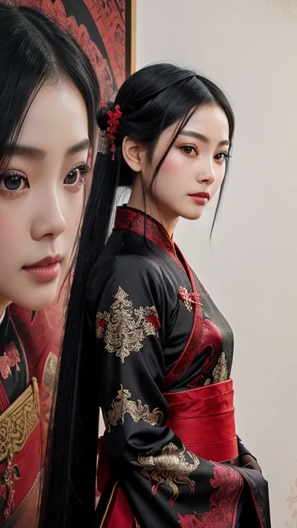 1 girl, woman, handsome, ink, Chinese armor, ((2.5D)), black hair, floating hair, delicate eyes, black and red antique damask Hanfu, fov, (f1.8), (masterpiece), (portrait shot), front shot, white background, (movie poster)