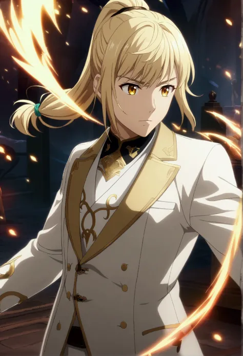 1 boy, blonde hair, hair tied in a high ponytail, golden eyes, white Chinese male suit, CG, screenshot