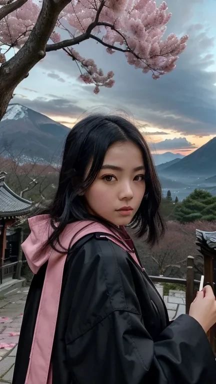 (best quality, masterpiece),(1girl, miko, coat, expression face, black eyes, looking at front ,black hair, walking, upper body), (night strray sky, huge old tree behind, falling glowing pink petals behind, shrine behind, mountain background, blowing wind, ...