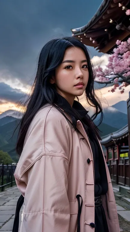 (best quality, masterpiece),(1girl, miko, coat, expression face, black eyes, looking at front ,black hair, walking, upper body), (night strray sky, huge old tree behind, falling glowing pink petals behind, shrine behind, mountain background, blowing wind, ...