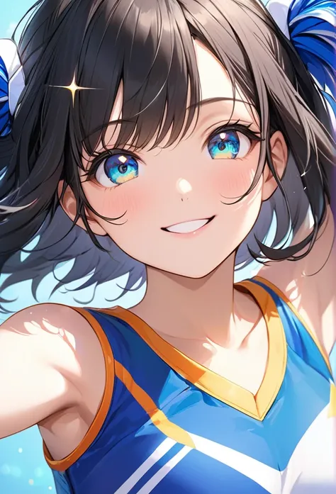 Upper body close-up（((masterpiece), on)""Perfect face, short black hair, beautiful eyes, Japanese, clean facial features, she looks straight at the camera, radiating a bright, energetic smile in her cheerleader outfit. Her eyes sparkle, exuding positive en...