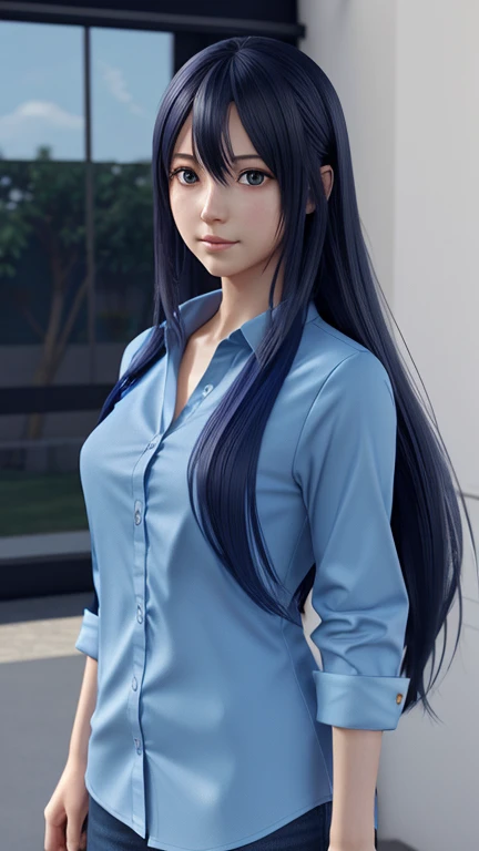 anime girl with long hair and a blue shirt posing for a picture, realistic anime 3 d style, 3 d anime realistic, photorealistic anime, photorealistic anime girl render, smooth anime cg art, anime styled 3d, realistic anime artstyle, anime realism style, an...