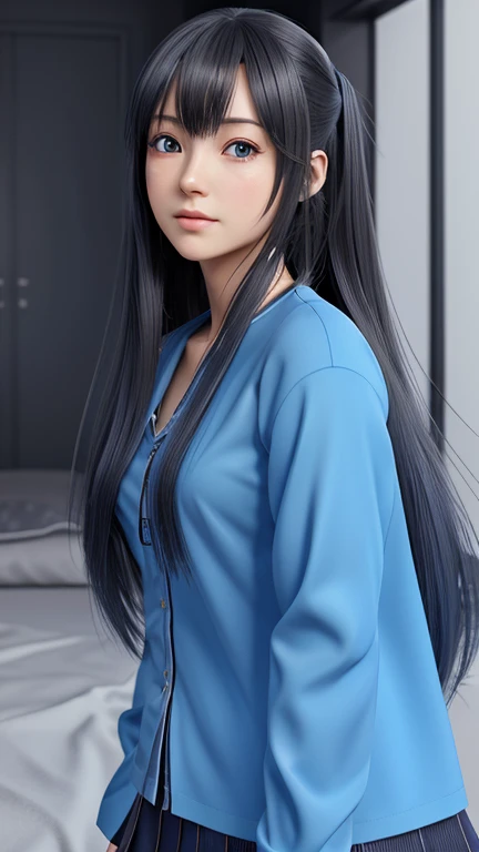 anime girl with long hair and a blue shirt posing for a picture, realistic anime 3 d style, 3 d anime realistic, photorealistic anime, photorealistic anime girl render, smooth anime cg art, anime styled 3d, realistic anime artstyle, anime realism style, an...