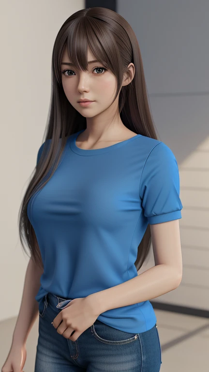 anime girl with long hair and a blue shirt posing for a picture, realistic anime 3 d style, 3 d anime realistic, photorealistic anime, photorealistic anime girl render, smooth anime cg art, anime styled 3d, realistic anime artstyle, anime realism style, an...