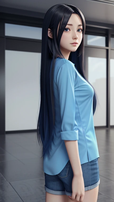 anime girl with long hair and a blue shirt posing for a picture, realistic anime 3 d style, 3 d anime realistic, photorealistic anime, photorealistic anime girl render, smooth anime cg art, anime styled 3d, realistic anime artstyle, anime realism style, an...