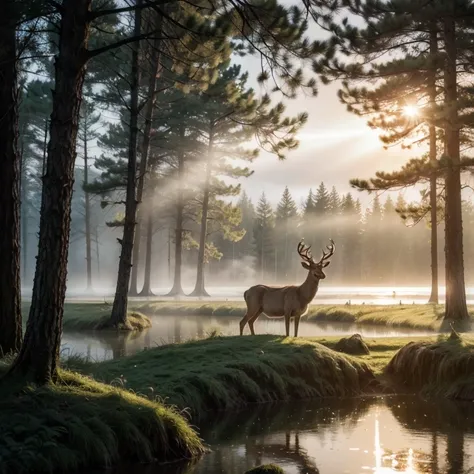 (summer, green trees:1.2), morning, (close-up:1.2), a small forest lake with a rocky opposite shore, on which the silhouettes of a large tree and a red deer with magnificent horns are visible, a detailed image of a deer, luxurious horns, silhouettes, refle...