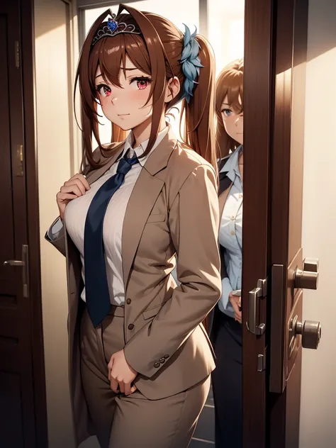 (​masterpiece、top-quality、hight resolution、Unity 8k、extremely details CG:1,Best Picture), (solo, 1girl),Daiwa Scarlet (Uma Musume), ((tiara)), brown hair, hair intake, red eyes, long hair, twintails, animal ears, horse girl, A weary office lady enters a di...