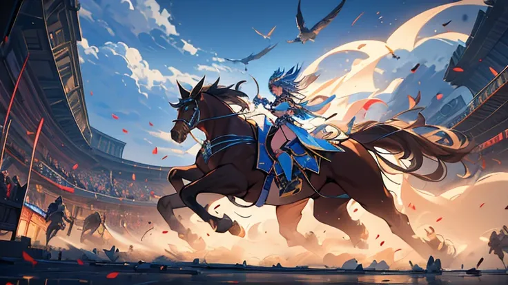 In an ancient colosseum racecourse overtaken by plants, an otherworldly horse race unfolds. Racing at incredible speeds are creatures like Hippogriffs, Pegasi, Unicorns, Bicorne, Centaurs, and Qilin, each carrying vibrant knights, female knights, robed mag...