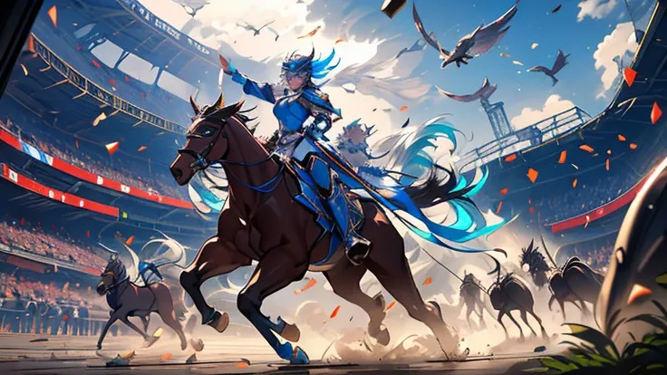 In an ancient colosseum racecourse overtaken by plants, an otherworldly horse race unfolds. Racing at incredible speeds are creatures like Hippogriffs, Pegasi, Unicorns, Bicorne, Centaurs, and Qilin, each carrying vibrant knights, female knights, robed mag...