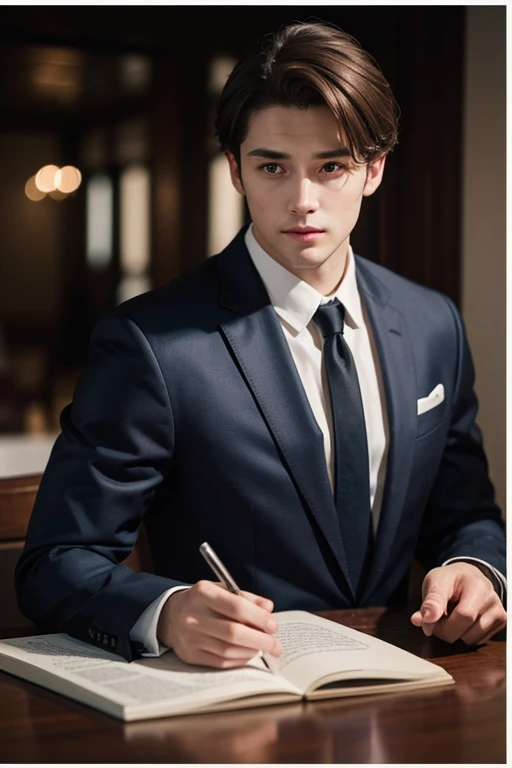 、Brown haired boy、Wearing a suit and tie、A photo in which the body and head are in a straight line, Face the photo towards the viewer, Focus on the lens, The shoulders and head are visible in the photo., The man in the center of the picture, 8k, Top qualit...