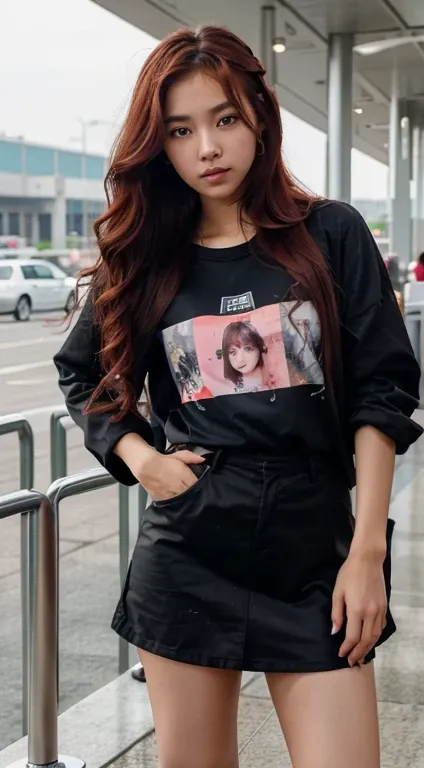 2teenage girl, mongoloid, asian, dark_skin, red hair, random hair styles, beautiful girl in nature,full body,wear clothes like kpop idol Jenny at the airport,Fashionable stylish,natural lighting,beautiful detailed eyes,beautiful detailed lips,flowing wavy ...