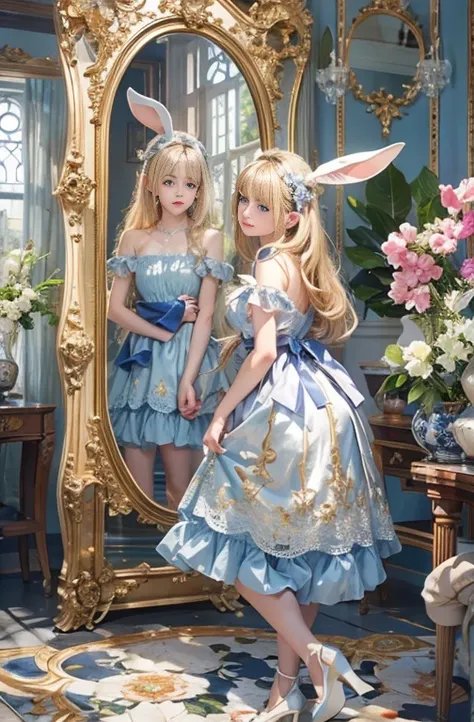 masterpiece: 1.2, Portraiture, Best Quality), Realistic, (live-action, Intricate details, Written boundary depth), Best Quality, masterpieceAttention to detail, semi-Realistic, In the city , blue eyes, blonde、 Slim figure、Bare shoulders、Antique Bunny Girl、...