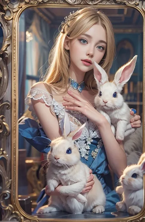 masterpiece: 1.2, Portraiture, Best Quality), Realistic, (live-action, Intricate details, Written boundary depth), Best Quality, masterpieceAttention to detail, semi-Realistic, In the city , blue eyes, blonde、 Slim figure、Shoulder Bare、Antique Bunny Girl、m...