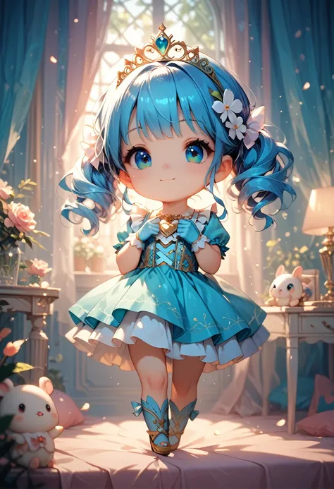 (Artwork), (Great work), (indirect lighting), (Chibi-cute studios), (GIF cute anime), (cute Cute Cute), (Highly detailed 8K unit CG wallpaper), (1 girl) In a pretty dress, A cute crumpled tiara in long blue hair, In silk gloves, White skin, Greenish blue e...