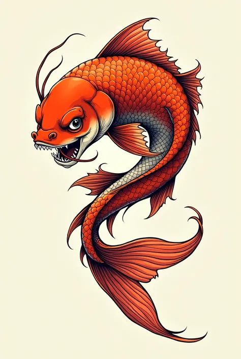 Drawing a retro, angry and handsome koi fish，Vector pattern，Clear line drawing，Color ink on paper，No background