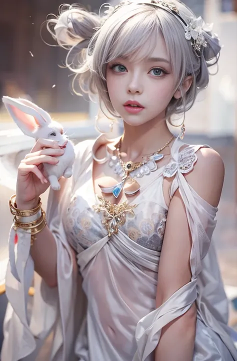 1, Close up portrait of woman in Ancient Greek clothing、Shoulder out、thin、Serious expression、Short Hair、Deadly position, Gorgeous Necklace, Light milky porcelain skin, , Translucent white skin, Enchanting anime girl, Beautiful and seductive anime woman, Su...