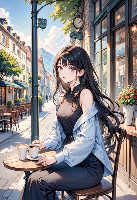 high quality,anime style,beautiful,elegant,ephemeral,a woman,black sleeveless shirt,black pants,light navy jacket with  shoulders dropped,black long hair,sitting on a chair outside of café,holding a cup of coffee,Europe background,