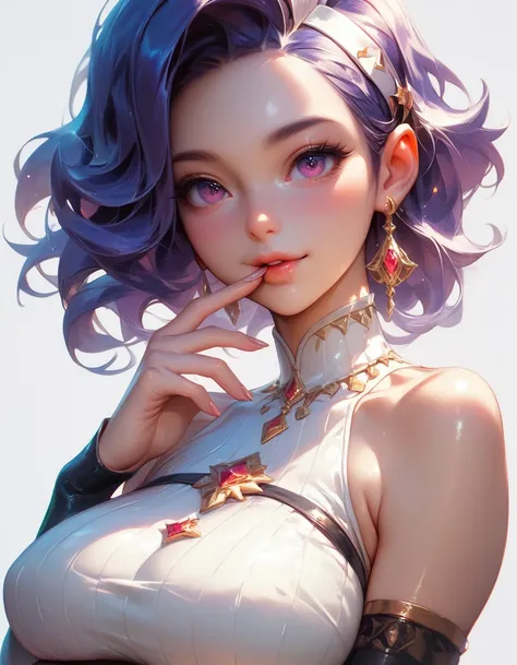 masterpiece,ultra-detailed,best quality,8K,illustration,cute face,clean skin ,shiny hair,girl,ultra-detailed-eyes,simple background, arm between breasts, large breasts,finger on mouth
