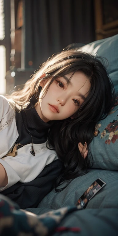 Cute girl lying down、I&#39;m staring at you, 2, Realistic, She is wearing shorts, She is wearing floral pajamas, Short Hair.Bare shoulders、Breasts visible from the front