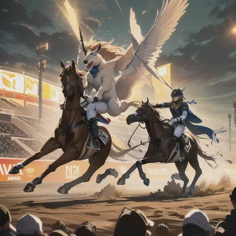 In an ancient colosseum racecourse overtaken by plants, an otherworldly horse race unfolds. Racing at incredible speeds are creatures like Hippogriffs, Pegasi, Unicorns, Bicorne, Centaurs, and Qilin, each carrying vibrant knights, female knights, robed mag...