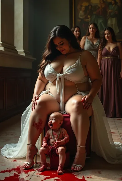 a stunning beautiful curvy plus-size woman with extremely thick thighs and extremely wide hips and extremely thick strong legs, nude, wearing high heel shoes, sitting directly straight on a very small bloodied screaming small baby girl who is laying on her...