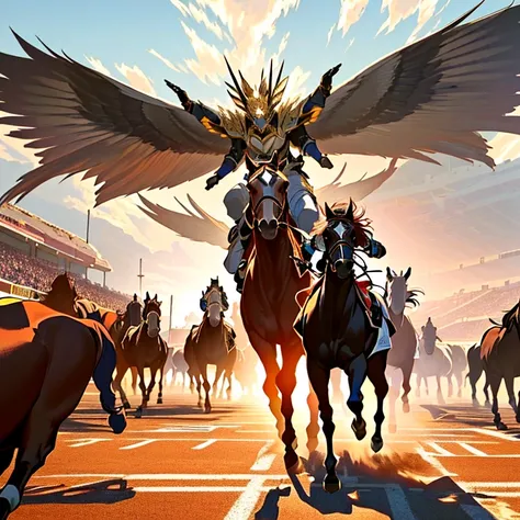 In an ancient colosseum racecourse overtaken by plants, an otherworldly horse race unfolds. Racing at incredible speeds are creatures like Hippogriffs, Pegasi, Unicorns, Bicorne, Centaurs, and Qilin, each carrying vibrant knights, female knights, robed mag...